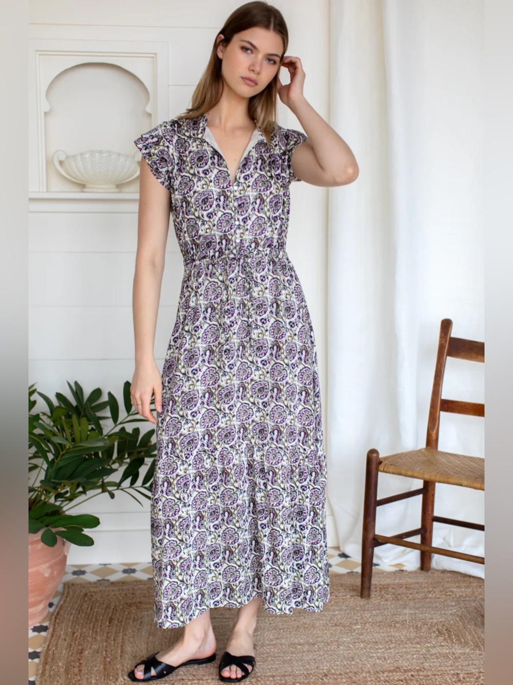 NWT New Emerson Fry Frances 3 Frill Dress - Aubergine Vines Paisley Summer Satin